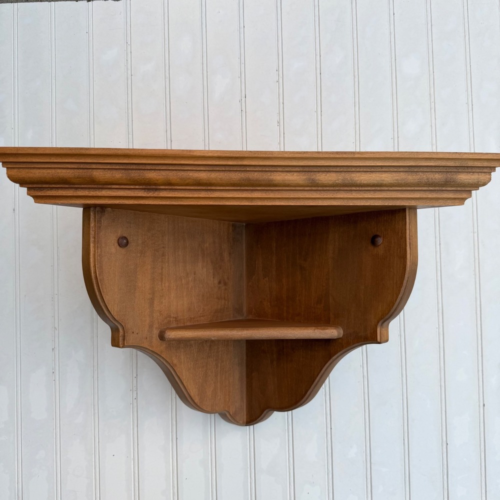 Vintage Solid Wood Corner Wall Shelf Scalloped Floating Tiered Honey Finish 18in